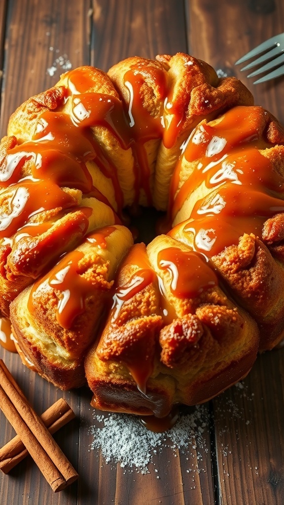 A freshly baked monkey bread with a sticky caramel glaze, pieces pulled apart, on a wooden table.